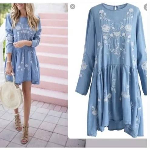 Philosophy  Dress Chambray‎ Embroidered Floral High Low Tunic Dress Size Large