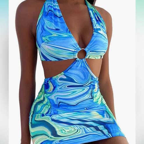 One Piece 🎓 Tie Dye Blue  Y2K Sheer Bodycon Halter Top Dress