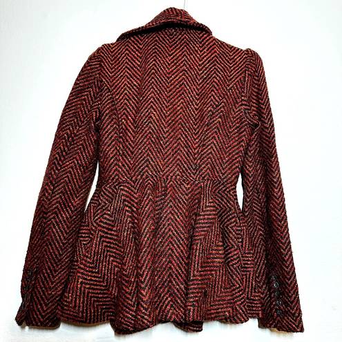 Free People  Patricia Pea Coat Peplum Tweed Chevron Flat Collared Maroon 6