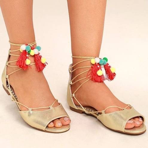 Betsey Johnson  𝅺Abree Gold Lace-up Pom-Pom Sandals