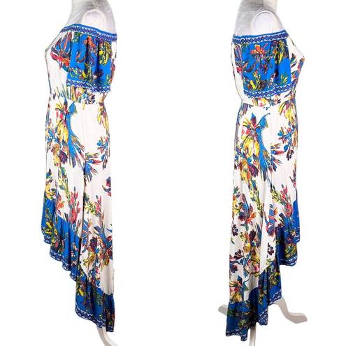 Flying Tomato  Dress XS Off Shoulder Hi-Lo Blue White Floral