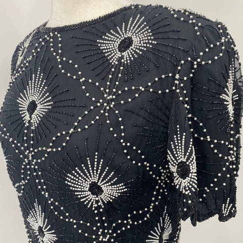 Scala Vintage  Pure Silk Beaded Pearl Top Short Sleeve Black White Womens size XL