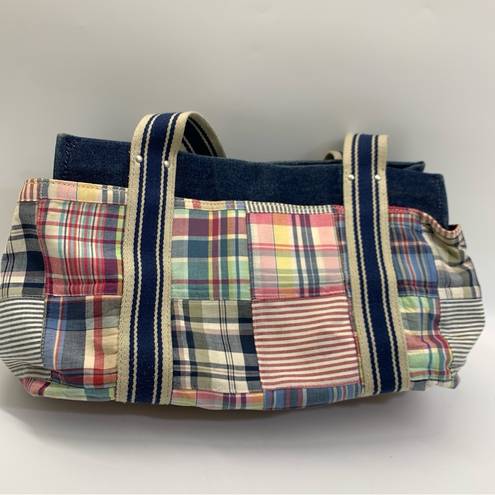 Tommy Hilfiger  Vintage Blue Canvas Denim Plaid Tote Bag