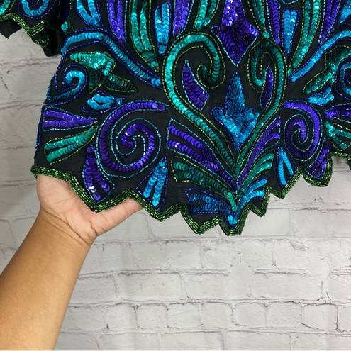 Laurence Kazar VTG  7X 100% Silk Sequin Beaded Blouse Peacock Green Blue Evening