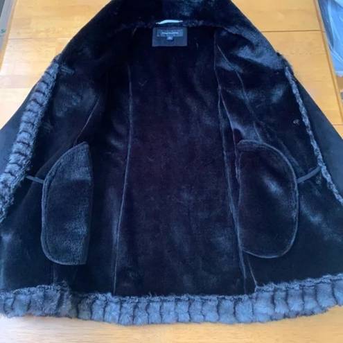 Jones New York  Black Faux Suede Coat Faux Fur Trim & Lining, Size S