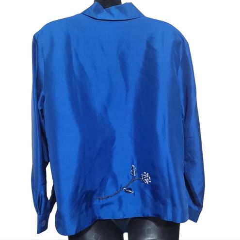 Coldwater Creek  Women's Blue Embroidered LongSleeve 100% Silk Blouse Sz PLarge