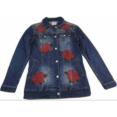 LuLaRoe Womens  Jaxon Red Rose Embroidered Rodeo Denim Jean Jacket - Sz XXS