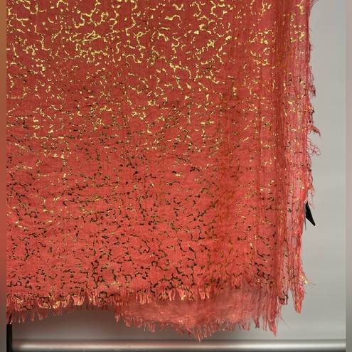 Cynthia Rowley Coral Gold Sheer Lightweight Rectangular Scarf with Fringe Hem