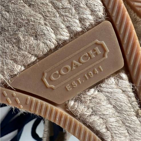 Coach  Fern Navy/Tan/Chalk Ankle Wrap Espadrille Platform Wedges Size 7