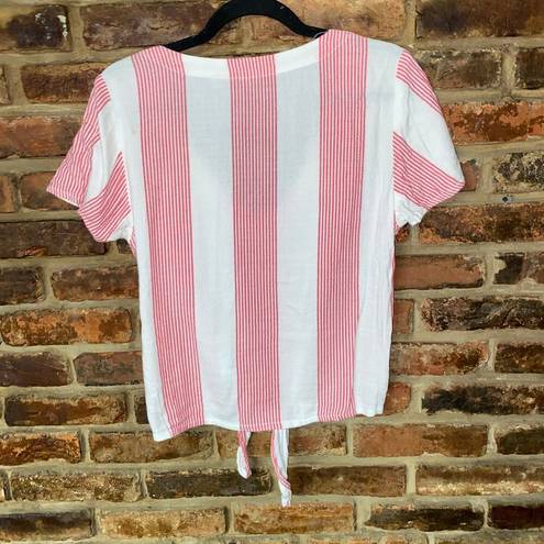 Roxy  Red Pink White Stripe Short Sleeve Button Down Tie Waist Top Size Small