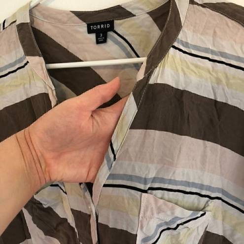 Torrid  3 Plus Size Challis Button Front Dolman Sleeve Top Brown Pink Stripe 3X