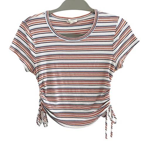 Sky And Sparrow  Cream Pink Blue Ribbed Stripped Crew Neck Crop Cinched Top M