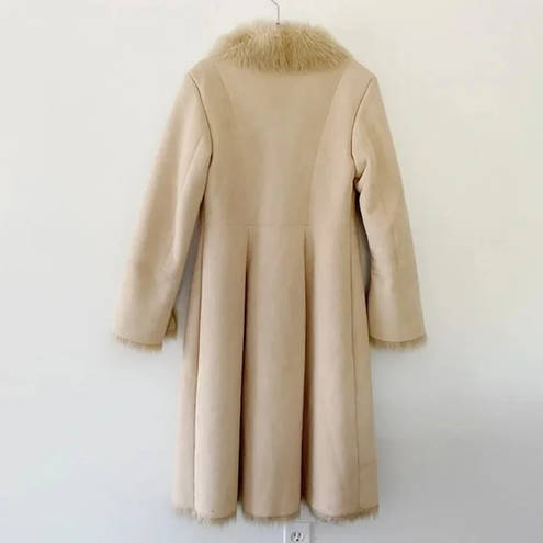 Jones New York Faux Suede Faux Fur Trim Long Coat Cream Size S