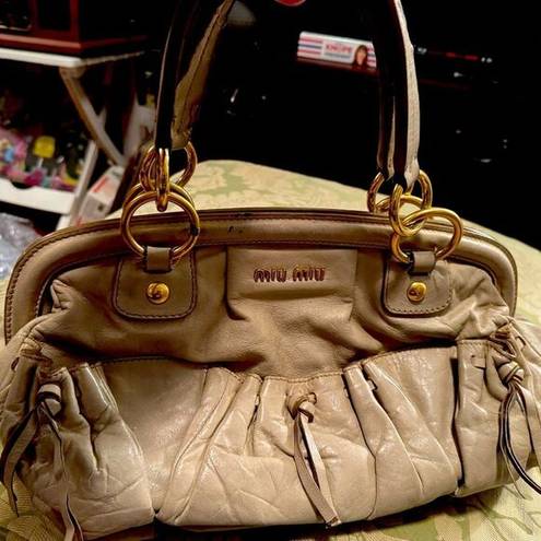 Miu Miu  Soft Beige Leather Frame Satchel with Linen Lining