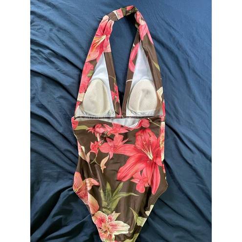 Tommy Bahama  Women’s Brown Pink Tropical Floral Halter One Piece Swimsuit