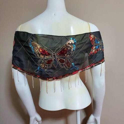 Boho Butterfly Sequined Shawl with Beaded Tassels Black