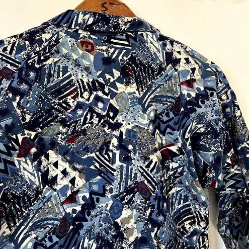 Vintage Blue  Abstract Printed Cotton Long Collared House Duster Blazer Trench