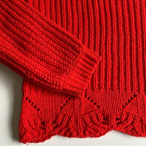 Alya  Cable Knit Chunky Bright Red Crew Neck Long Sleeve Crop Sweater Size Medium