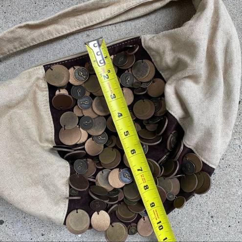 Linen and Suede Mini Hobo Bag with Queen II Coins Tan