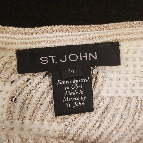 St. John  Inlay Sequin Trellis Knit Fit & Flare Dress Cream Metallic Gold 14 NWOT