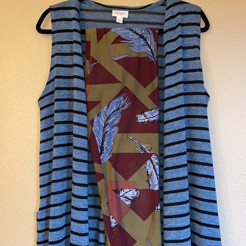 LuLaRoe  JOY Size S Long Duster Vest Cardigan Sweater Denim Blue Black Striped