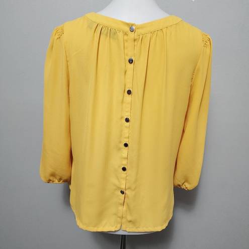 Ny&co 7th Ave NY& Yellow Ruched Crew Neck Button Back ¾ Sleeve Blouse Size Medium