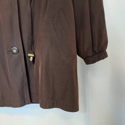 Gallery VINTAGE! 90’s  BROWN AND TAN TIE FRONT NECK BOW HOODED TRENCH COAT JACKET