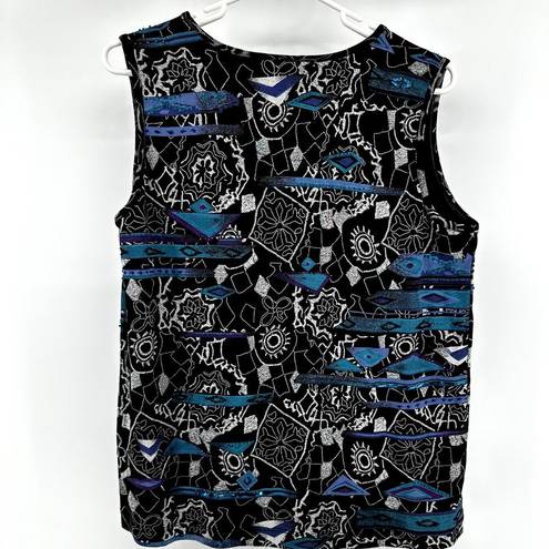 Chico's  Abstract Print Tank Top Round Neck Pullover Sequin Black Blue 2 Large