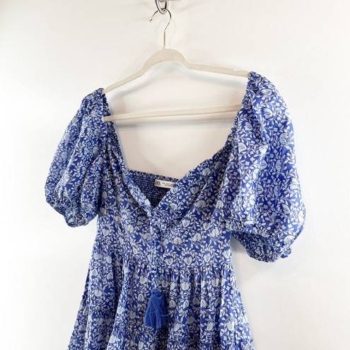 ZARA  Floral Ballon Short Puff Sleeve Mini Sundress Blue White Medium