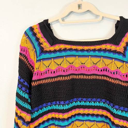 Umgee  Women's Multicolor Square Neck Crochet Knitted Pullover Sweater Large NWT