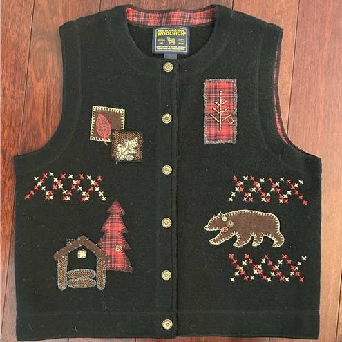 Woolrich Women’s 100% Wool Vest Black Fall Leaves Bear Rustic Country Size M