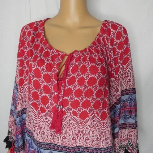 Angie  Boho Tunic Top Ties 3/4 Sleeve Blouse Red Lg