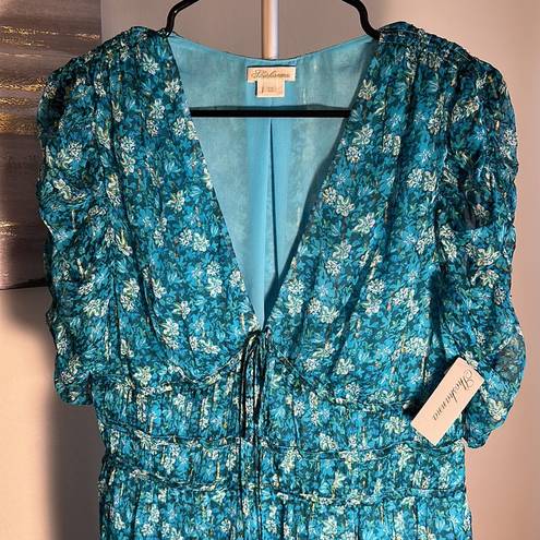 Shoshanna NWT  Danli Floral Chiffon blue midi dress with gold. Size 10