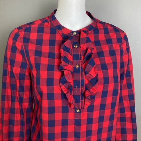 Draper James Draper Jane button up shirt 8 long sleeve plaid western ruffle navy blue red