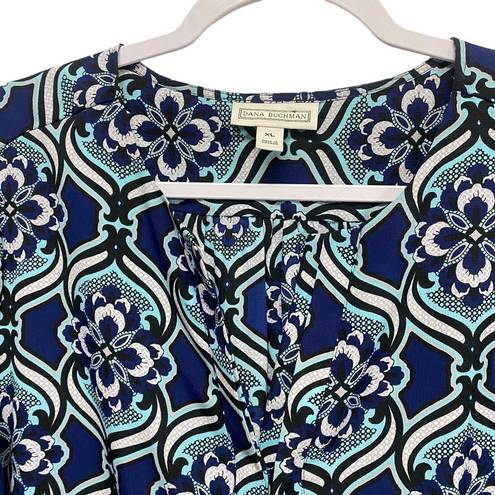 Dana Buchman  Women's XL Blue Black Floral Print Button Down Top Blouse