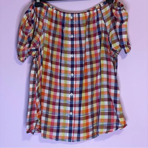 Lane Bryant  Plaid Cotton Off the Shoulder Short Sleeve Elastic Button Size 18/20