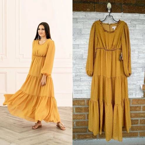 Rachel Parcell  Mustard Yellow Ruffled Tiered Long Sleeve Maxi Dress Textured