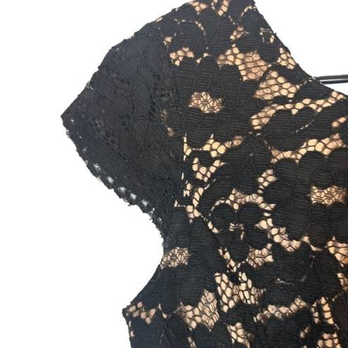 Esley  Black & Cream Lace Overlay Short Capped Sleeve Bodycon Dress Women Sz S