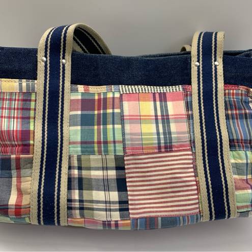 Tommy Hilfiger  Vintage Blue Canvas Denim Plaid Tote Bag