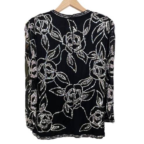 Oleg Cassini Authentic  Vintage Beaded Black Silk Floral Top Blouse