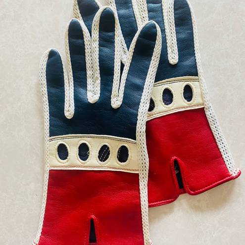 VTG Driving Gloves Women O/S White Stretch Nylon Spandex Leather Mesh Red Blue