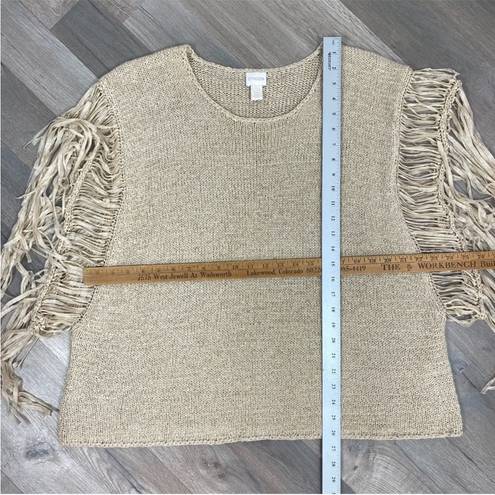 Chico's Chico’s Tarrin Tape Yarn Fringe Poncho Sweater Taupe Tan Large XL