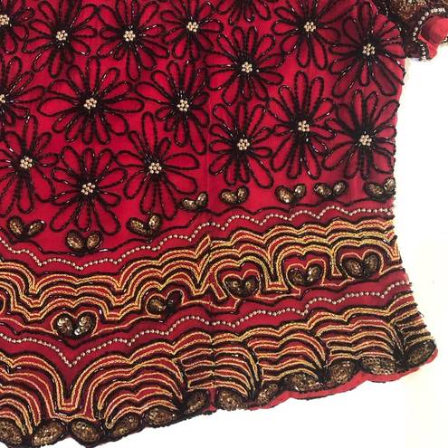 Adrianna Papell Boutique Red Silk Beaded Blouse | Sise Large