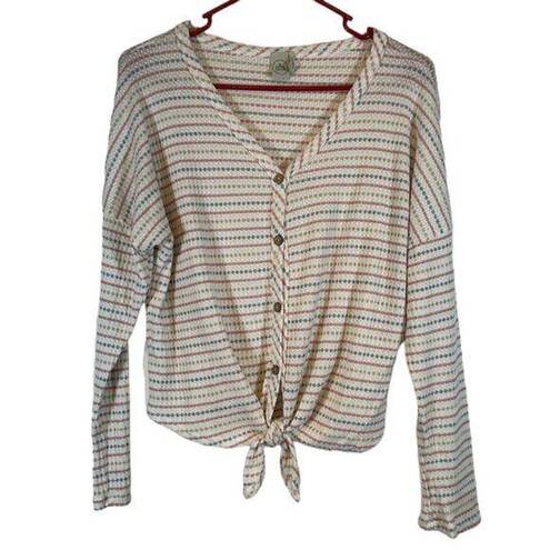 Paper Crane Women's  Stripe Gray Pink Tie Front Knit Button Down Top Size Large