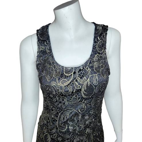 Sans Souci  Womens Small Black Gold Floral Overlay Sleeveless Midi Cocktail Dress