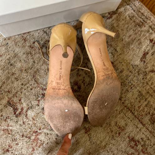 Manolo Blahnik Chaos Nude Patent Leather Heel Sandals— Size 8.5/38.5