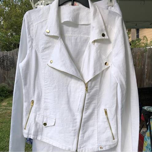 Guess  LOS ANGELES White Linen Crop Moto Zippered Jacket L