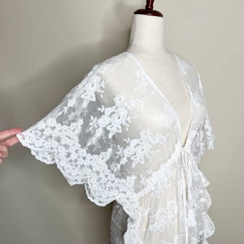 Edge UNBRANDED | Floral Lace Kimono Sleeve Cover Up White Scalloped  Tie Waist OS