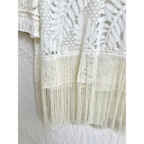 Alexis  Short Sleeve Fringe Semi Sheer Embroidered Top Off White Womens Size XS/S