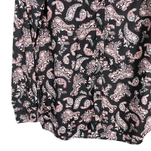 Garnet Hill  Size 00 Button Down Blouse Top Paisley Black Pink Collar Cotton 614